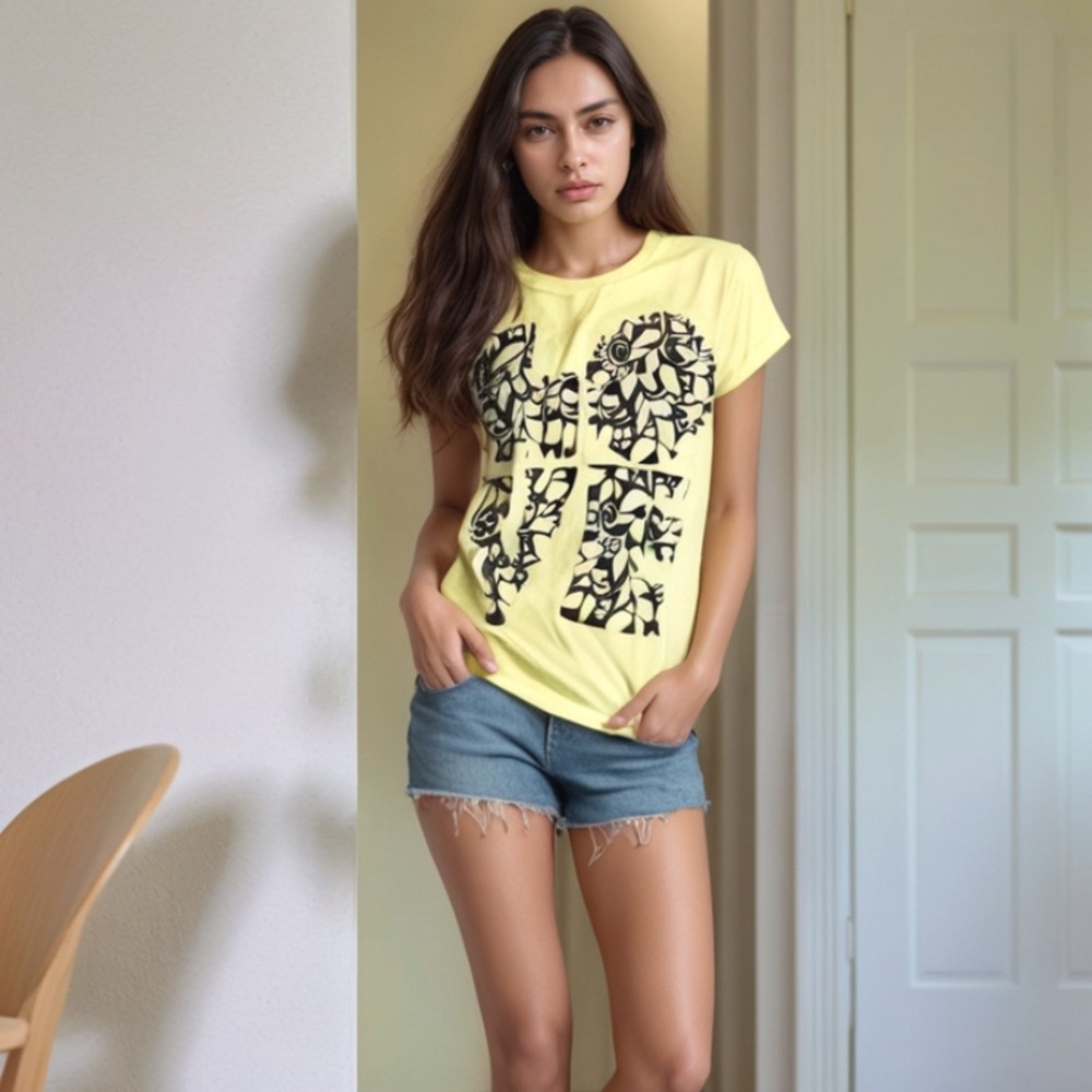 💛 FOREVER 21 💛 Neon Yellow Y2K LOVE Slim Fit Graphic Tee T-Shirt Short Sleeve